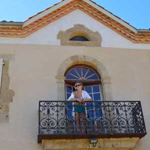 Helen Skelton on a balcony at a Tots to Travel property